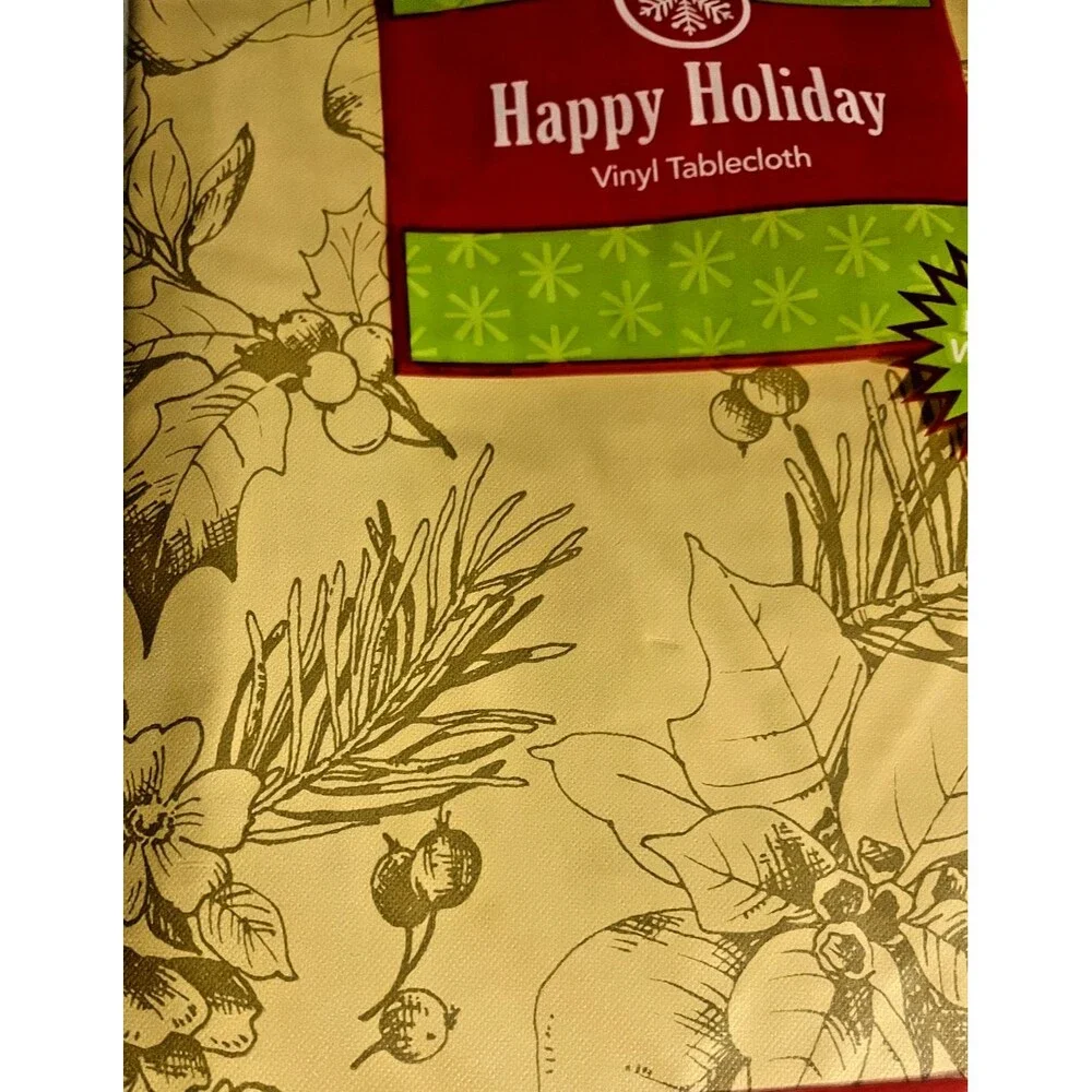 Christmas Poinsettia Pinecone Vinyl Tablecloth Flannel Backed Holiday 52x70